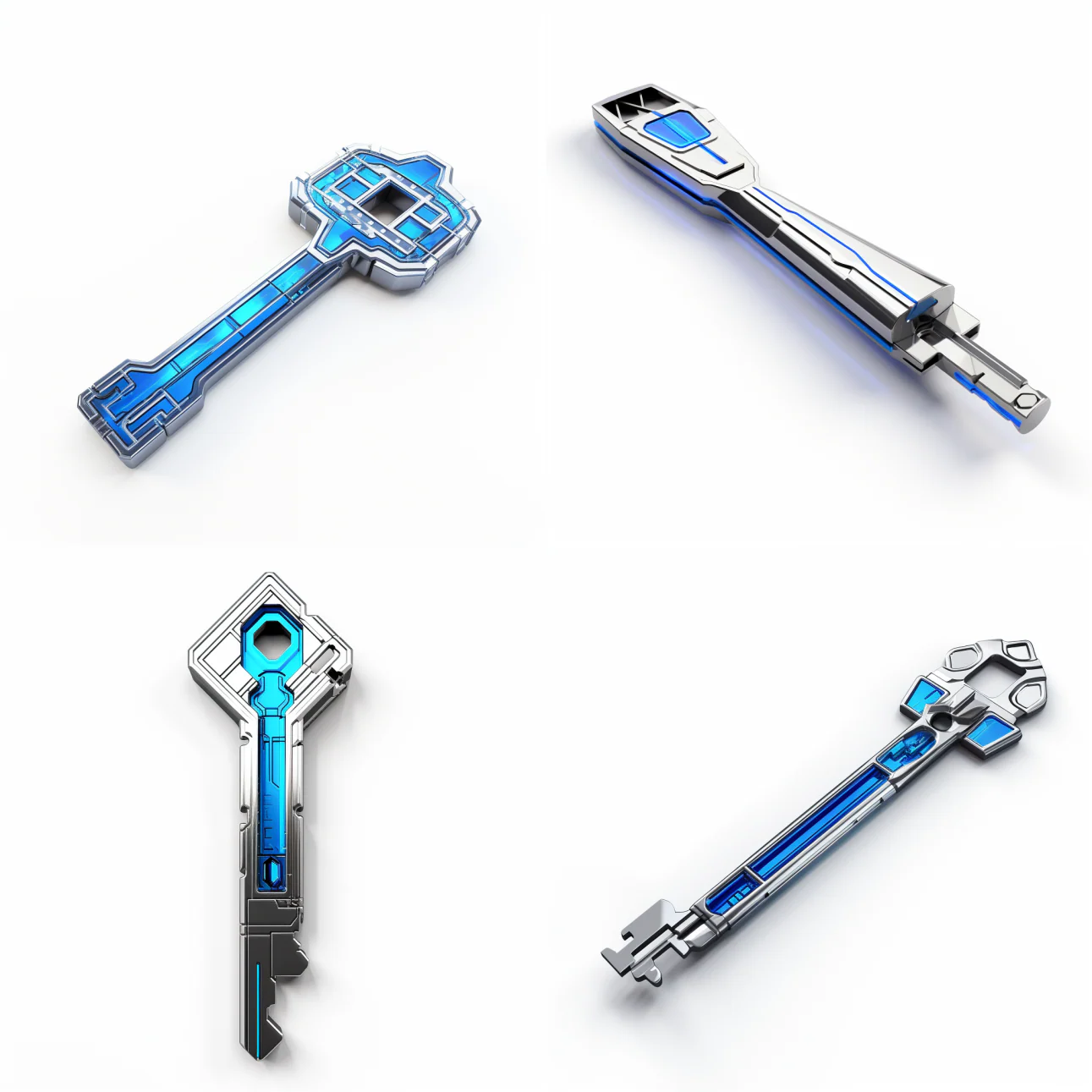 Image generated by Midjourney. Prompt: “Futuristic key in cool gray and electric blue”: A key designed with a futuristic or digital aesthetic in cool gray and electric blue, symbolizing unlocking potential through digital transformation and data science, on a white background