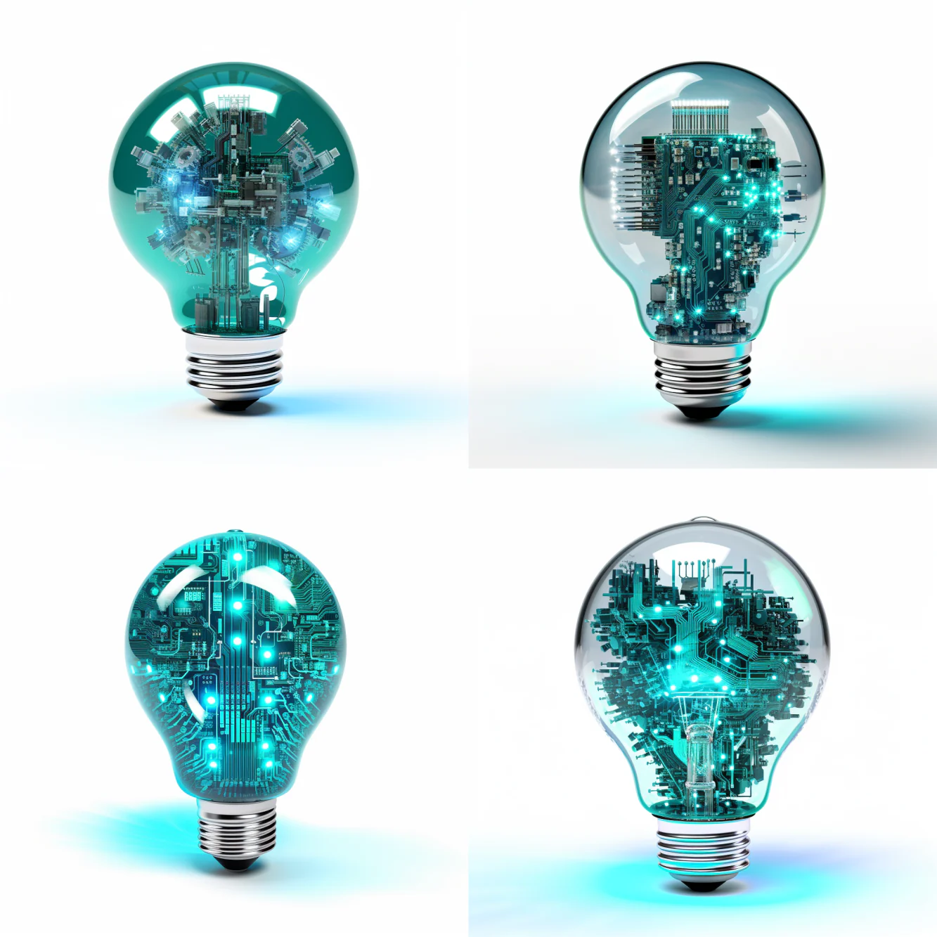 Image generated by Midjourney. Prompt: “Innovative light bulb in vibrant teal and cool gray”: A light bulb combined with a gear or circuit board in vibrant teal and cool gray, symbolizing innovative ideas in the realm of data science and digital transformation, white background.
