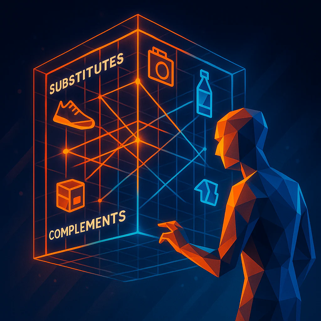 A person examining product substitutes and complements on a pricing matrix