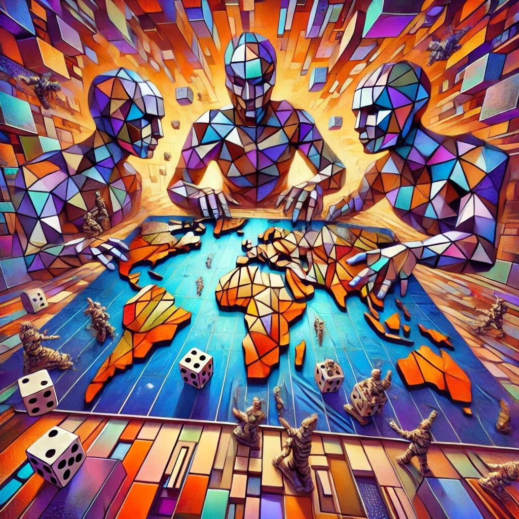 Four abstract AI players gathered around a colorful strategy board