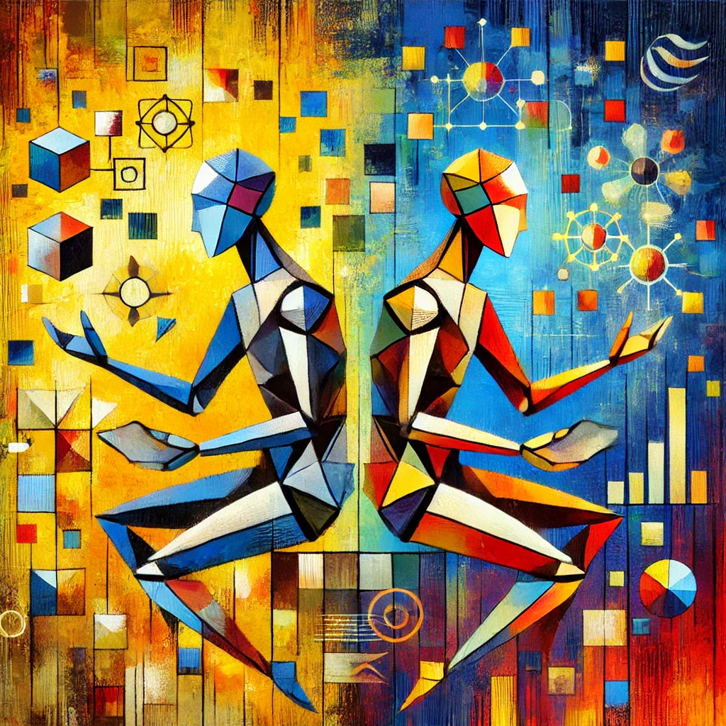 Abstract AI agents arranged around a strategy experiment