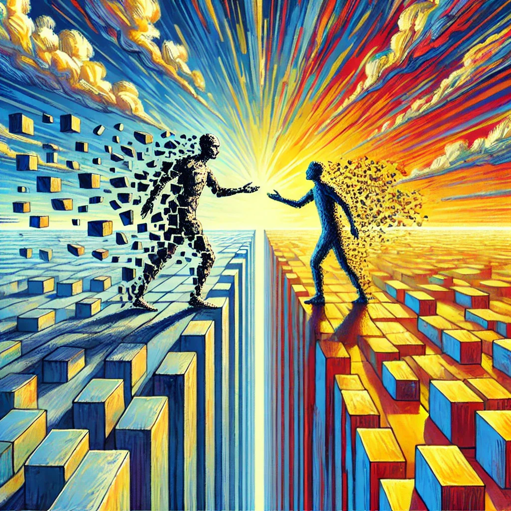 Human and AI figures facing one another across a path of strategic choices
