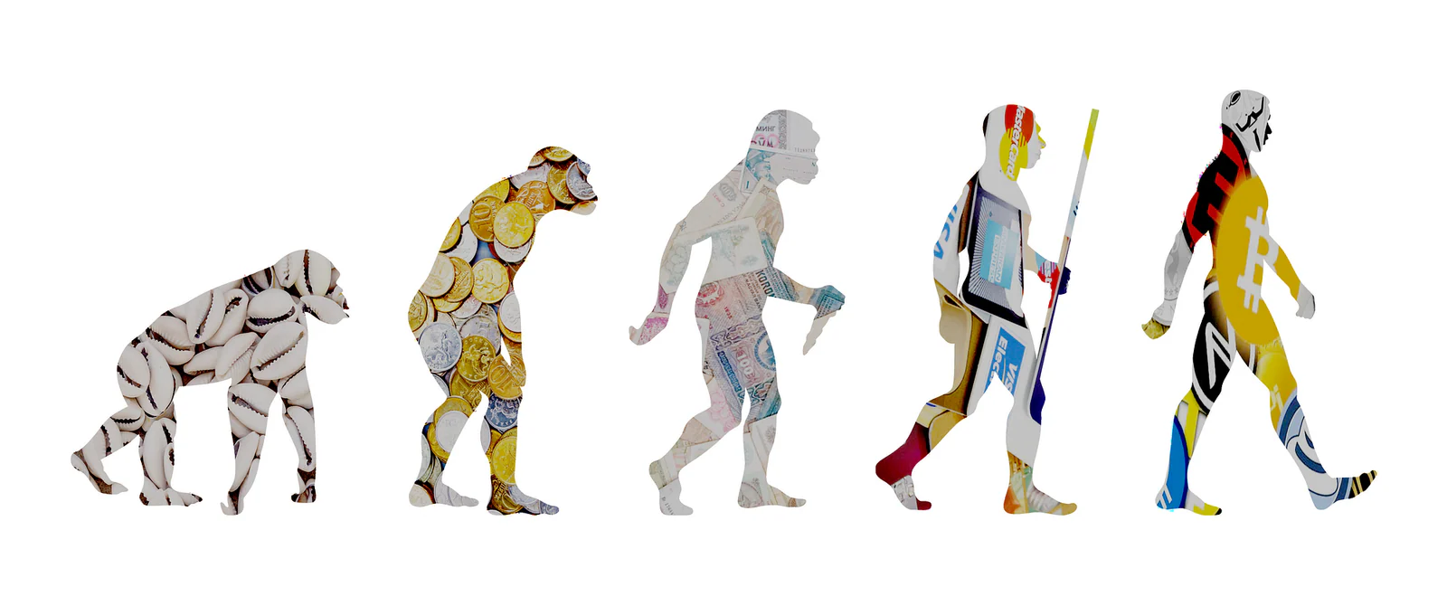 A visual timeline linking human evolution with changing forms of money