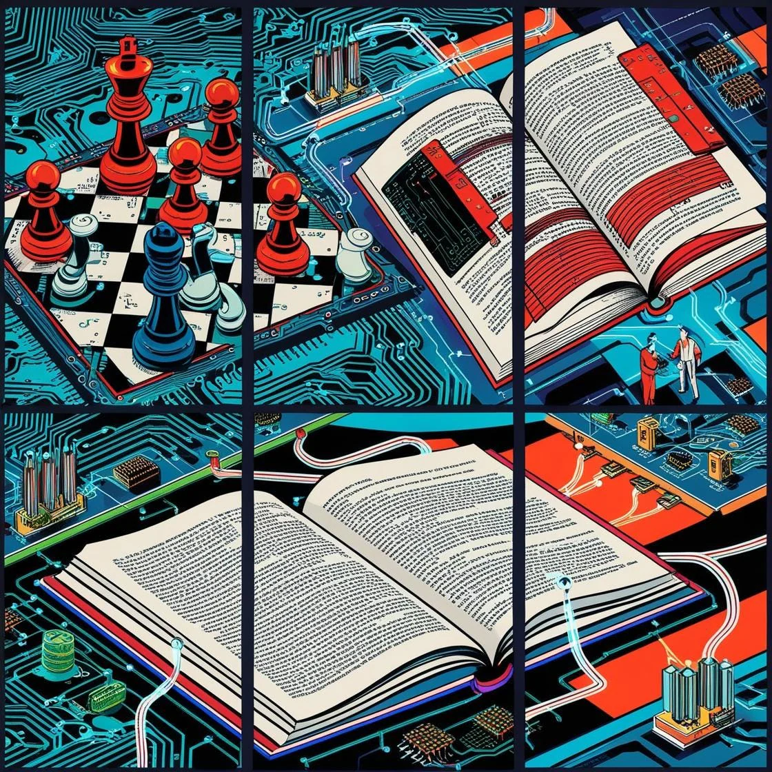Chess pieces, technical books and circuitry representing machines planning ahead