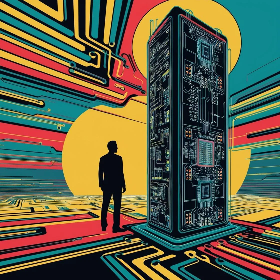 A person standing before a chess supercomputer, representing Kasparov and Deep Blue