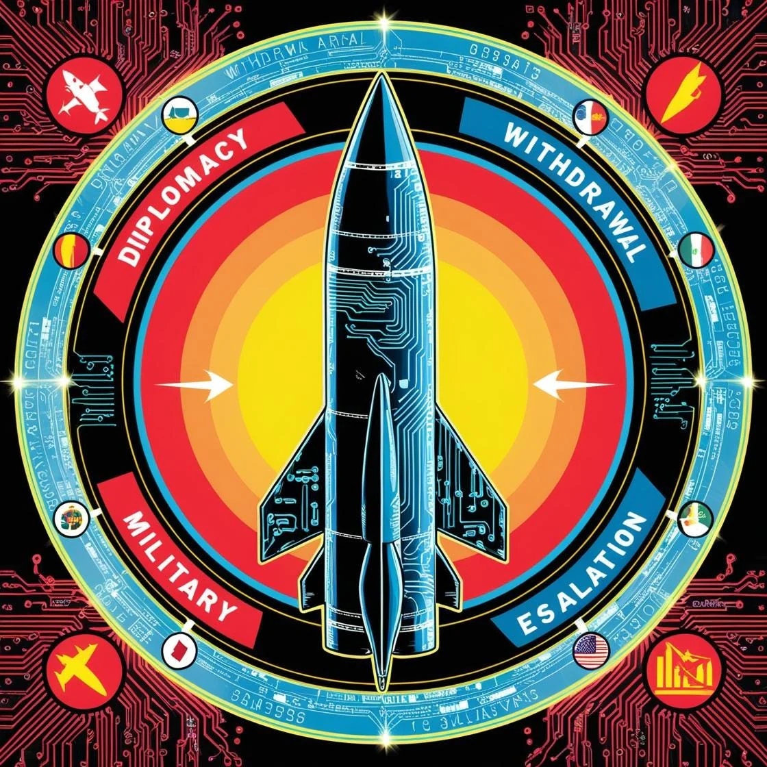 A strategic decision compass balancing diplomacy, military action, escalation and withdrawal