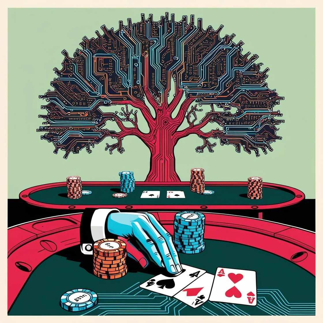 A circuit tree growing above a poker and strategy-game table