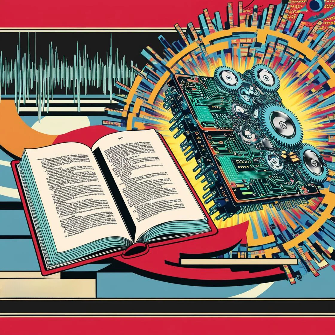 An open book beside a machine intelligence, representing language-model reasoning