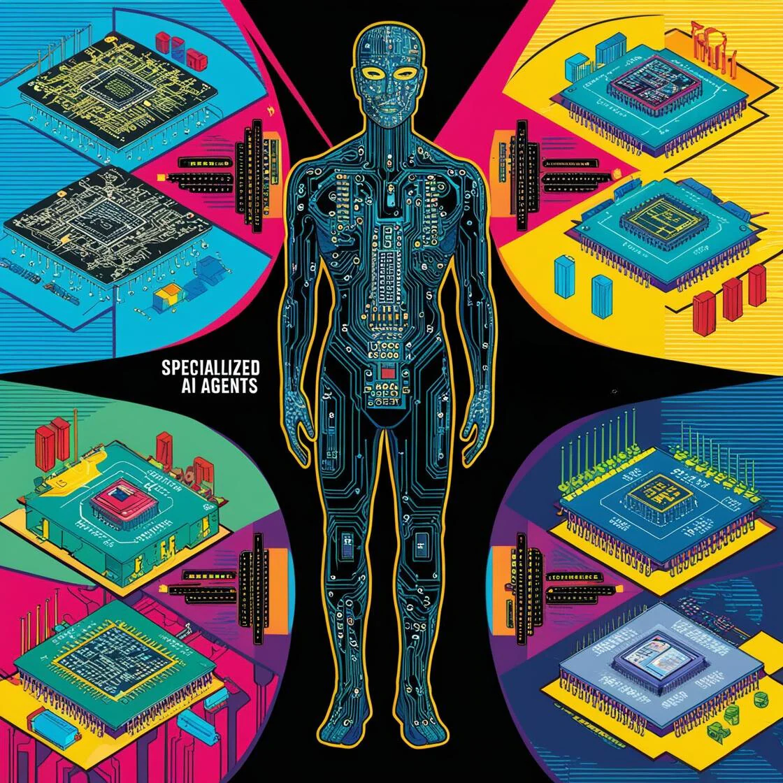 A humanoid AI surrounded by specialized processing modules