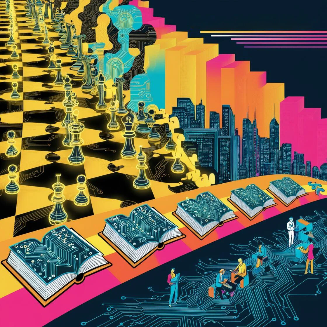 Chess pieces progressing toward a city powered by AI systems